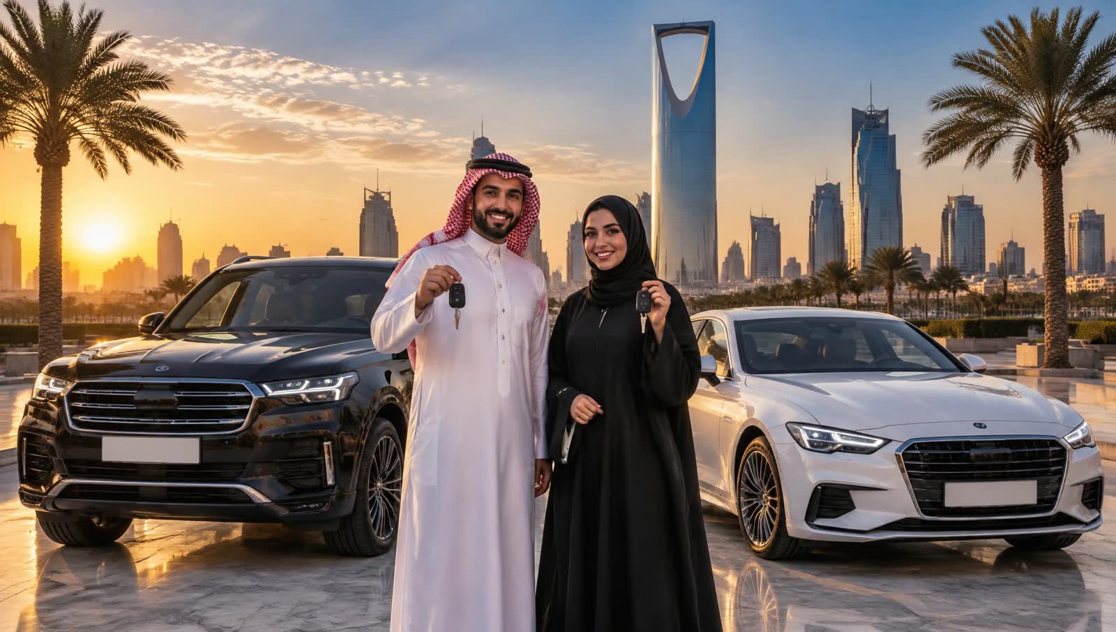 شاب وفتاة سعوديان أمام سيارات فاخرة وأفق مدينة سعودية عند الغروب